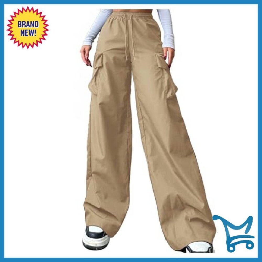 Women's Cargo Pants High Waist Wide Leg Drawstring Casual Streetwear - Picture 2 of 6